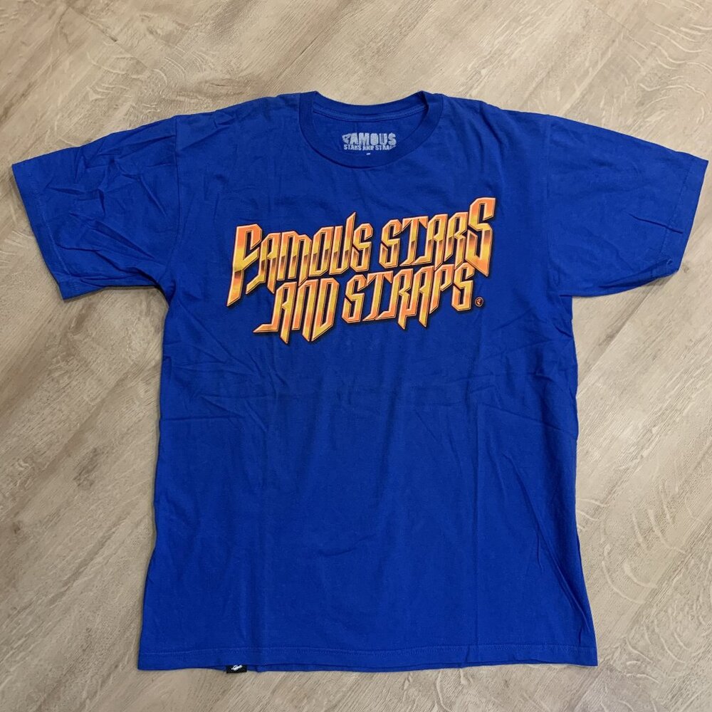 Famous Stars & Straps Gold Bars Logo Shirt Blue Men's Large L Rap Y2K Punk Tee